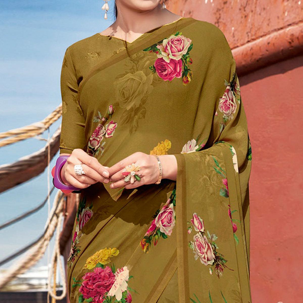Olive Green Festive Wear Floral Printed Georgette Saree - Peachmode