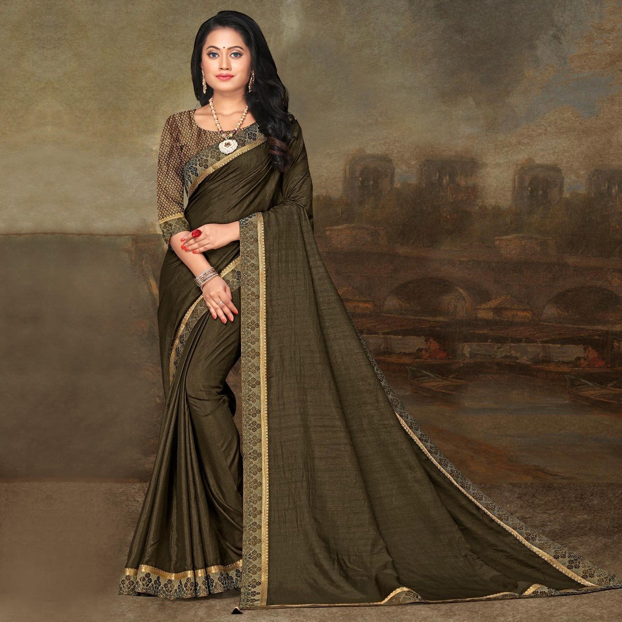 Olive Green Festive Wear Lace Work Silk Saree - Peachmode