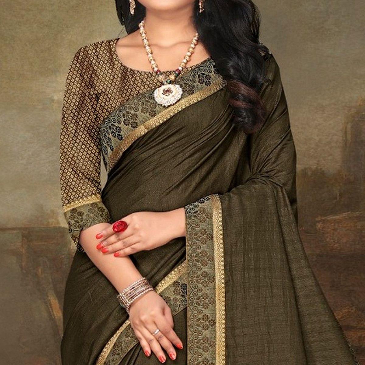 Olive Green Festive Wear Lace Work Silk Saree - Peachmode