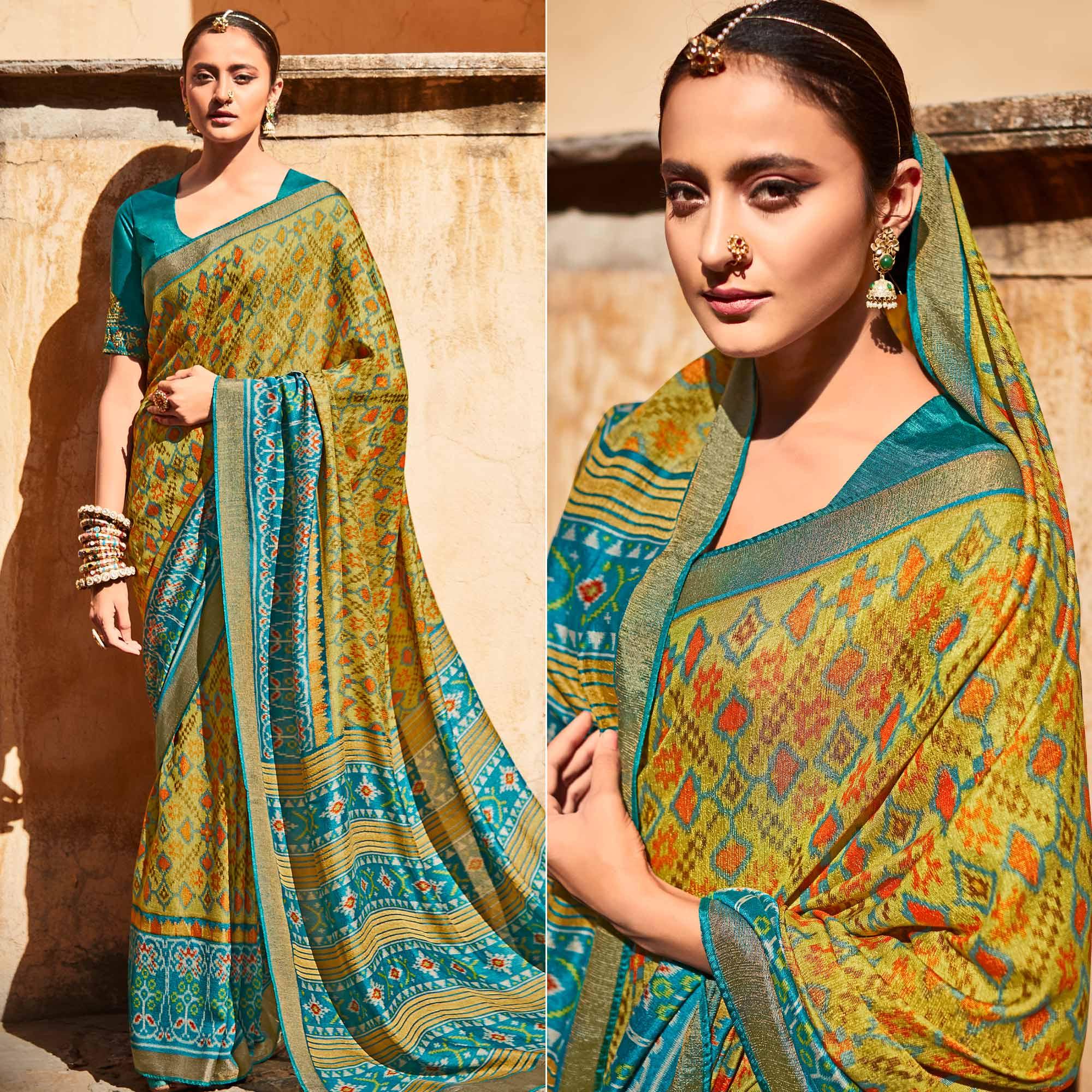 Olive Green Festive Wear Printed Silk Saree - Peachmode