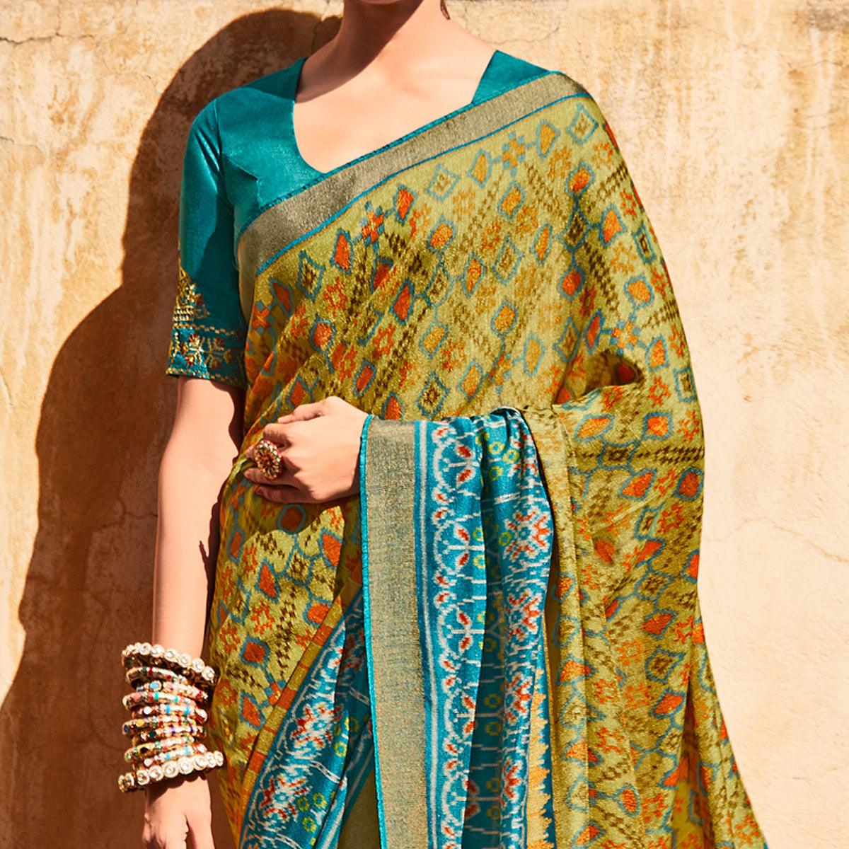 Olive Green Festive Wear Printed Silk Saree - Peachmode