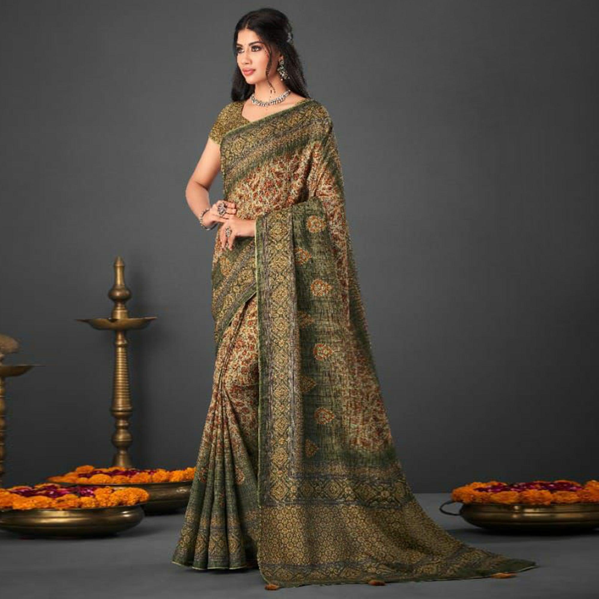 Olive Green Festive Wear Printed Silk Saree - Peachmode