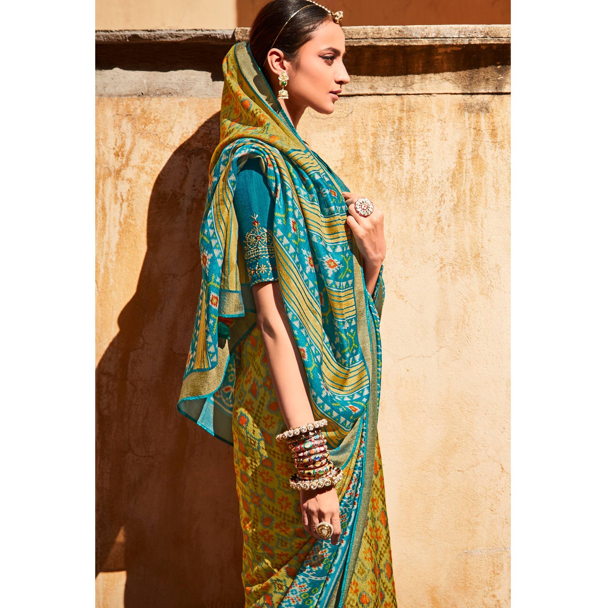 Olive Green Festive Wear Printed Silk Saree - Peachmode