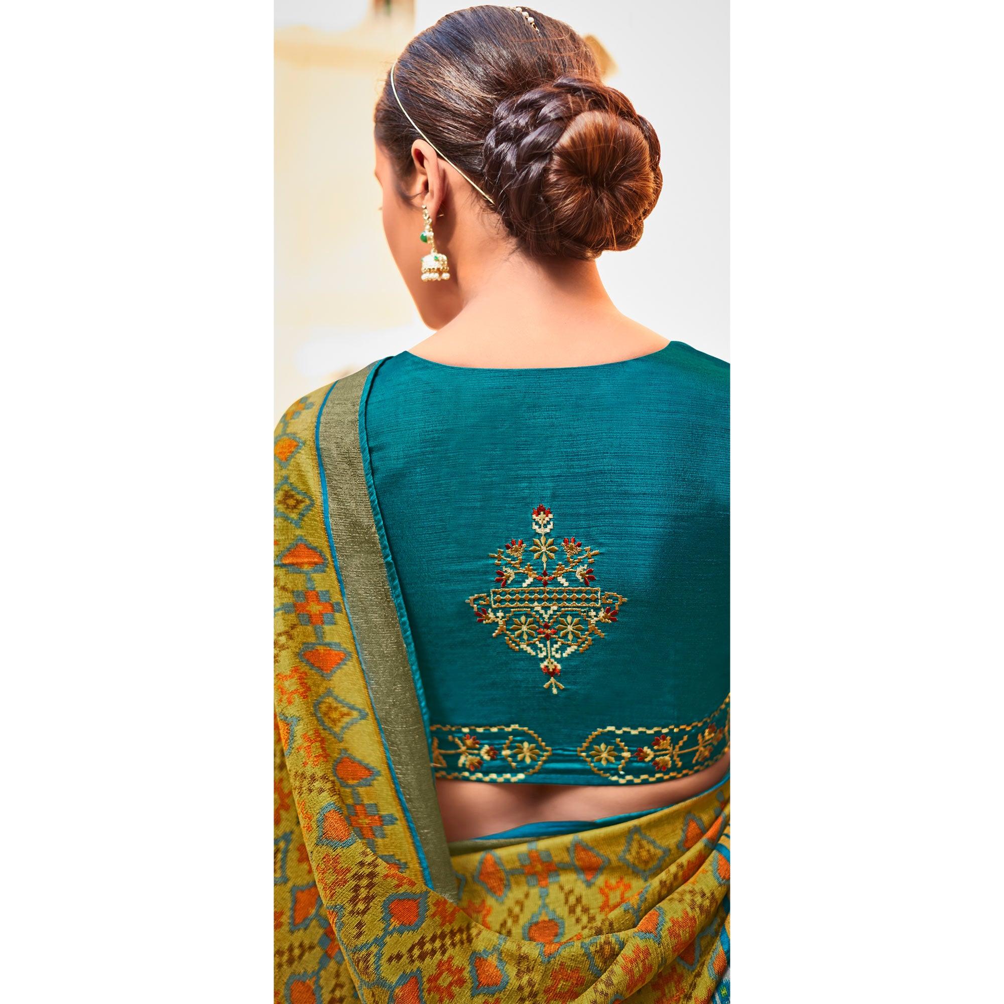Olive Green Festive Wear Printed Silk Saree - Peachmode