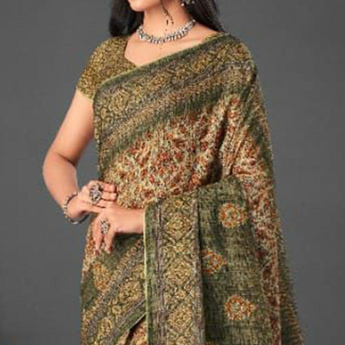 Olive Green Festive Wear Printed Silk Saree - Peachmode