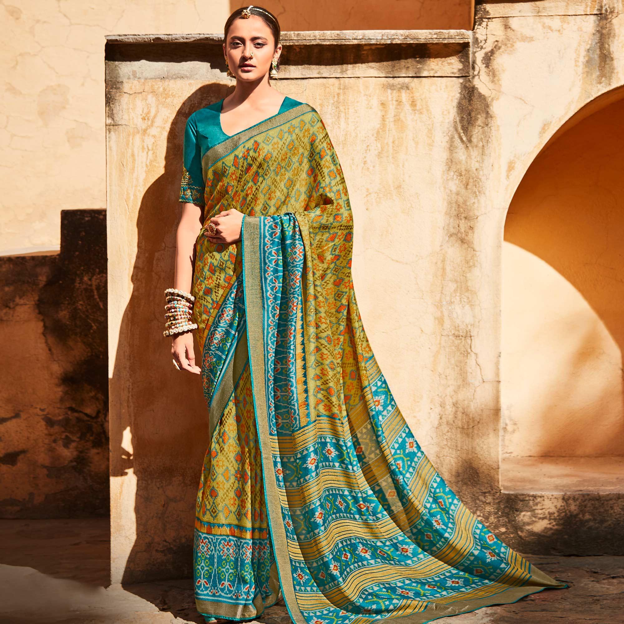 Olive Green Festive Wear Printed Silk Saree - Peachmode