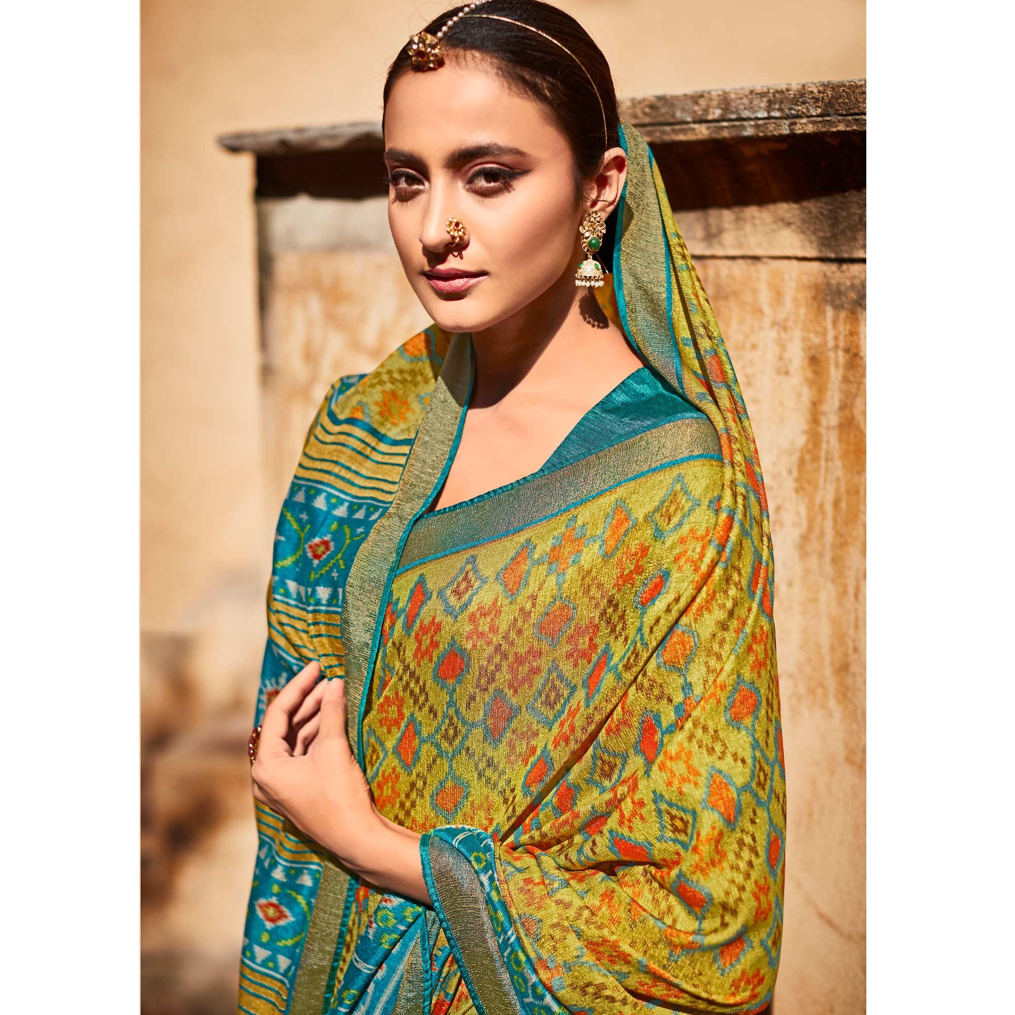 Olive Green Festive Wear Printed Silk Saree - Peachmode
