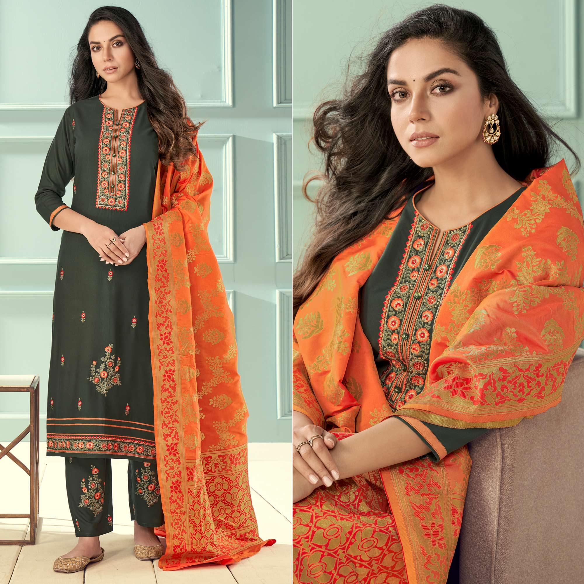 Olive Green Floral Embroidered Rayon Partywear Suit - Peachmode