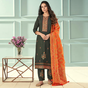 Olive Green Floral Embroidered Rayon Partywear Suit - Peachmode