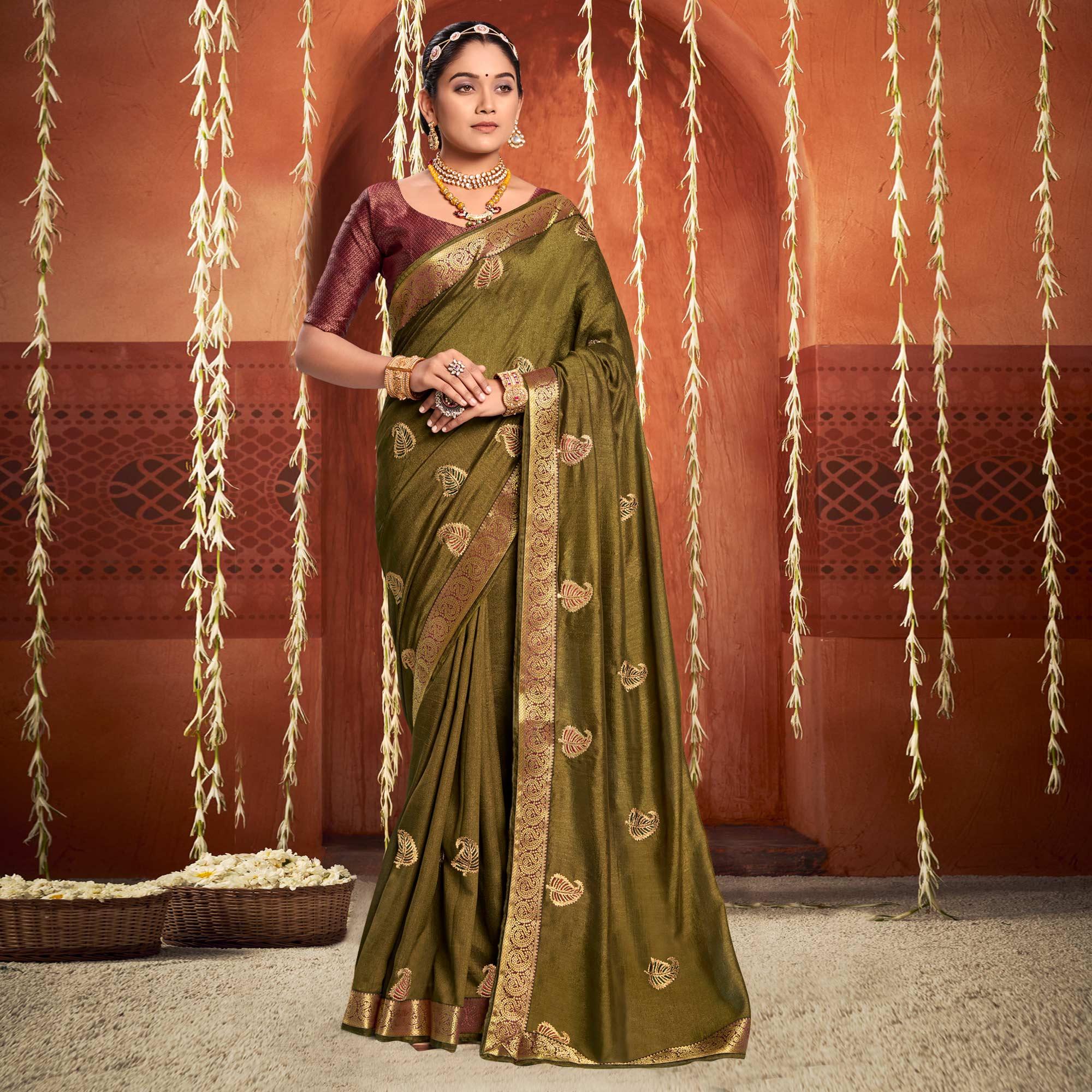 Olive Green Floral Embroidered Vichitra Silk Saree - Peachmode
