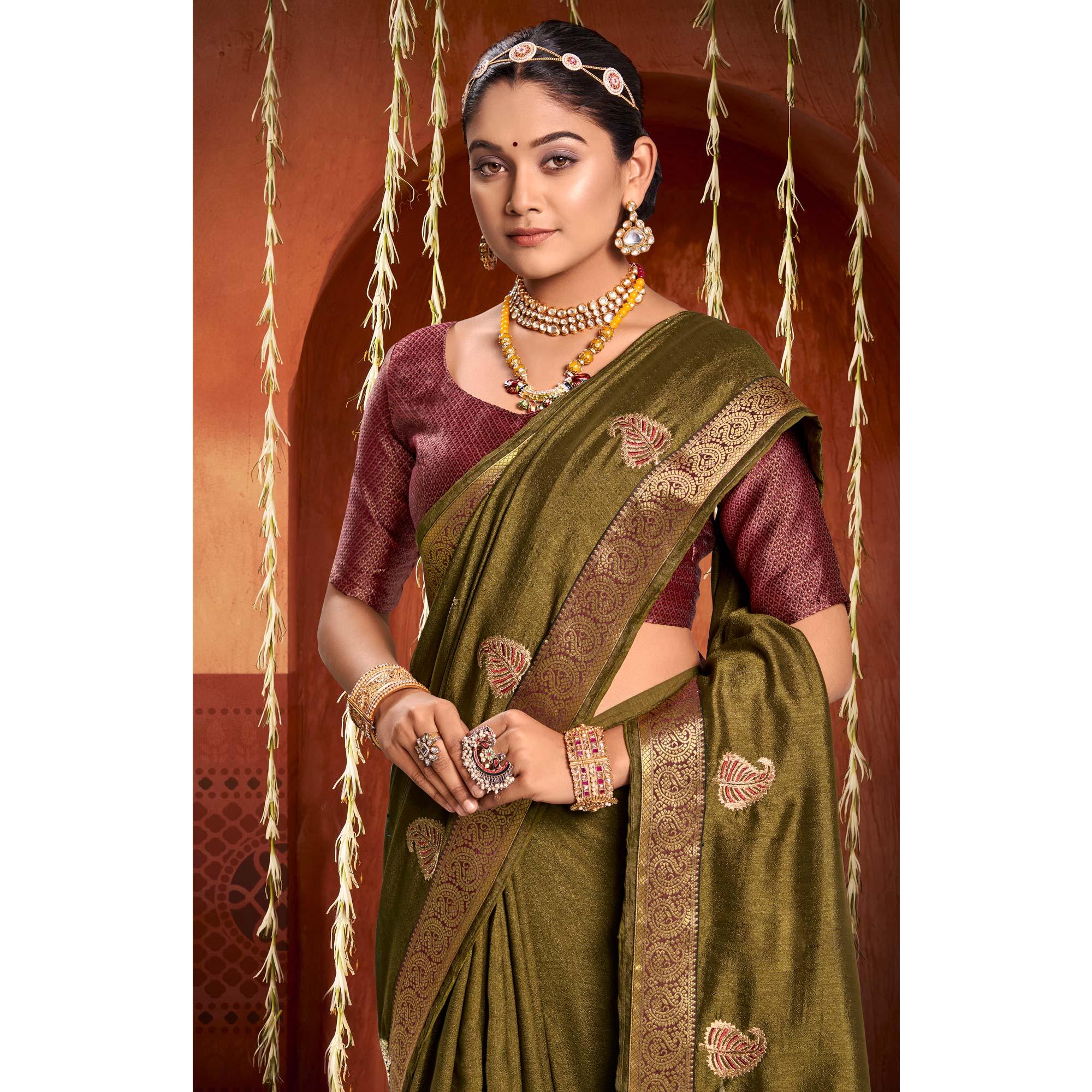 Olive Green Floral Embroidered Vichitra Silk Saree - Peachmode