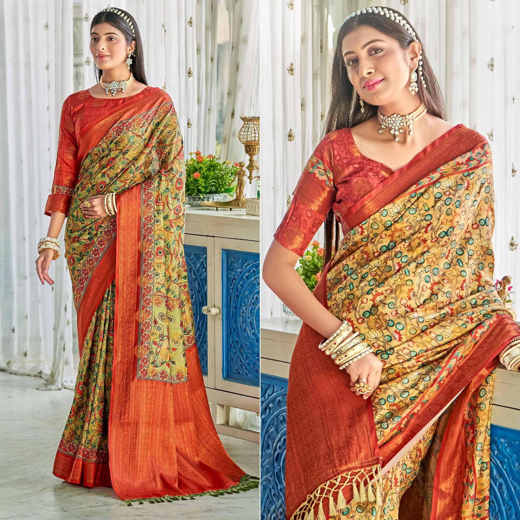 Olive Green Floral Printed Art Silk Saree - Peachmode