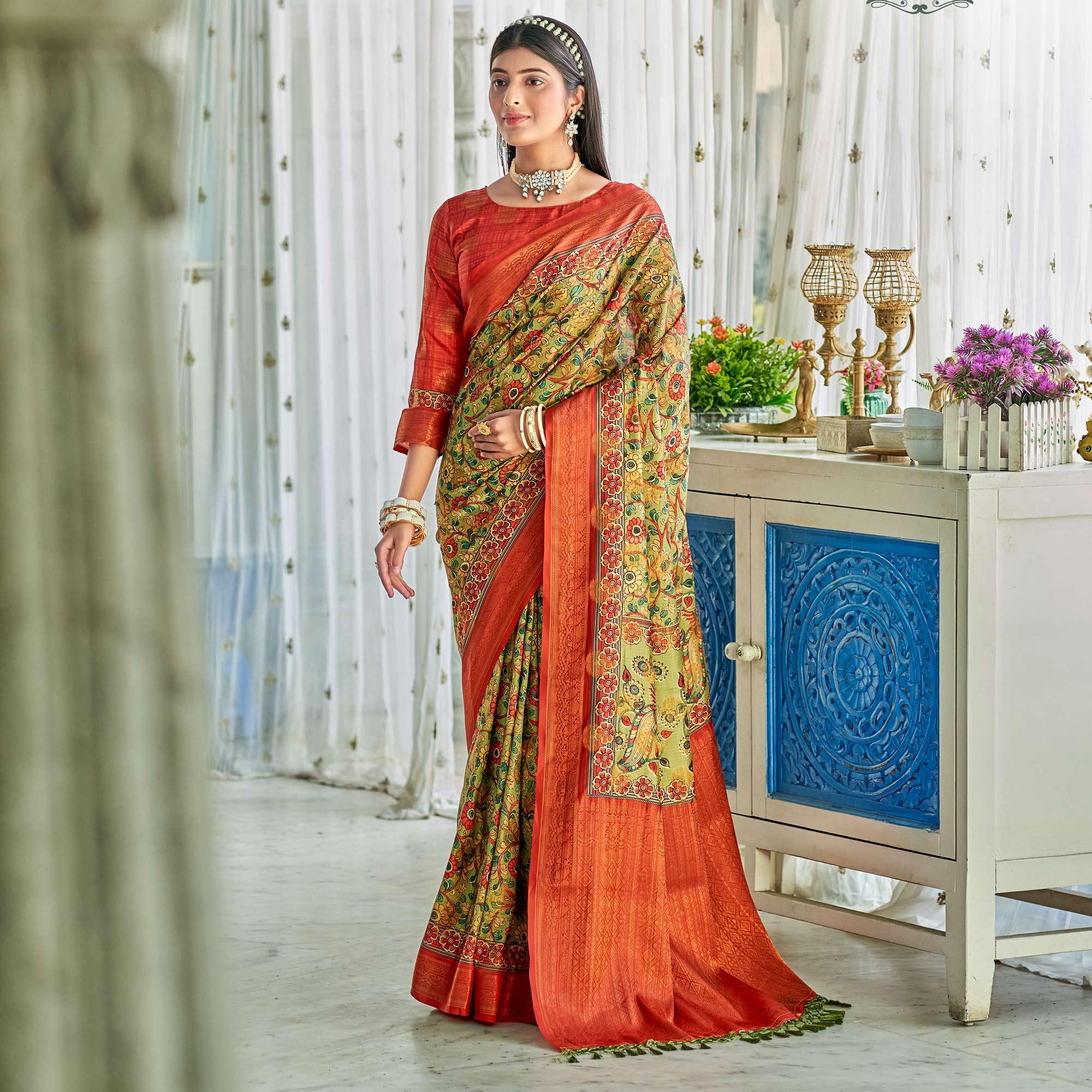 Olive Green Floral Printed Art Silk Saree - Peachmode