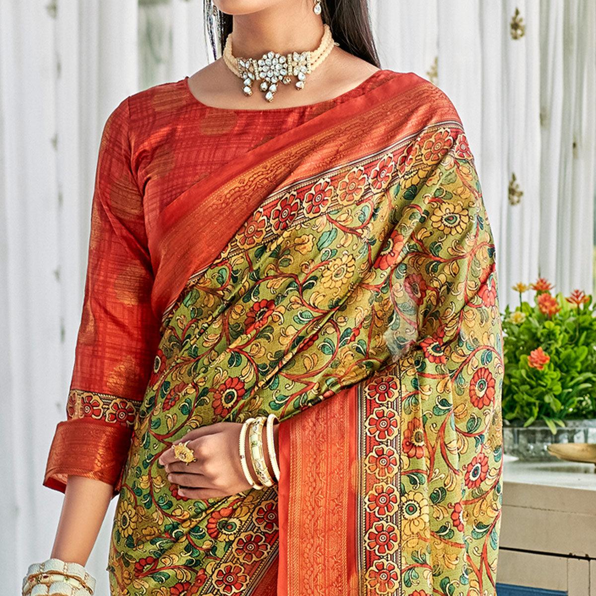 Olive Green Floral Printed Art Silk Saree - Peachmode