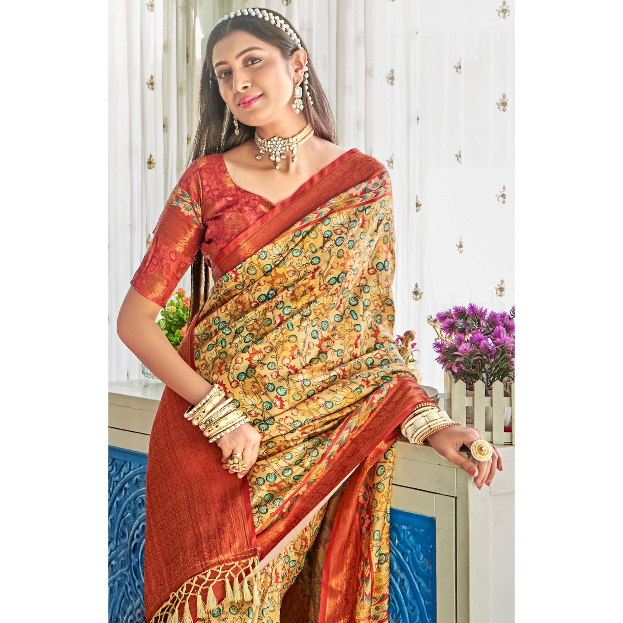 Olive Green Floral Printed Art Silk Saree - Peachmode