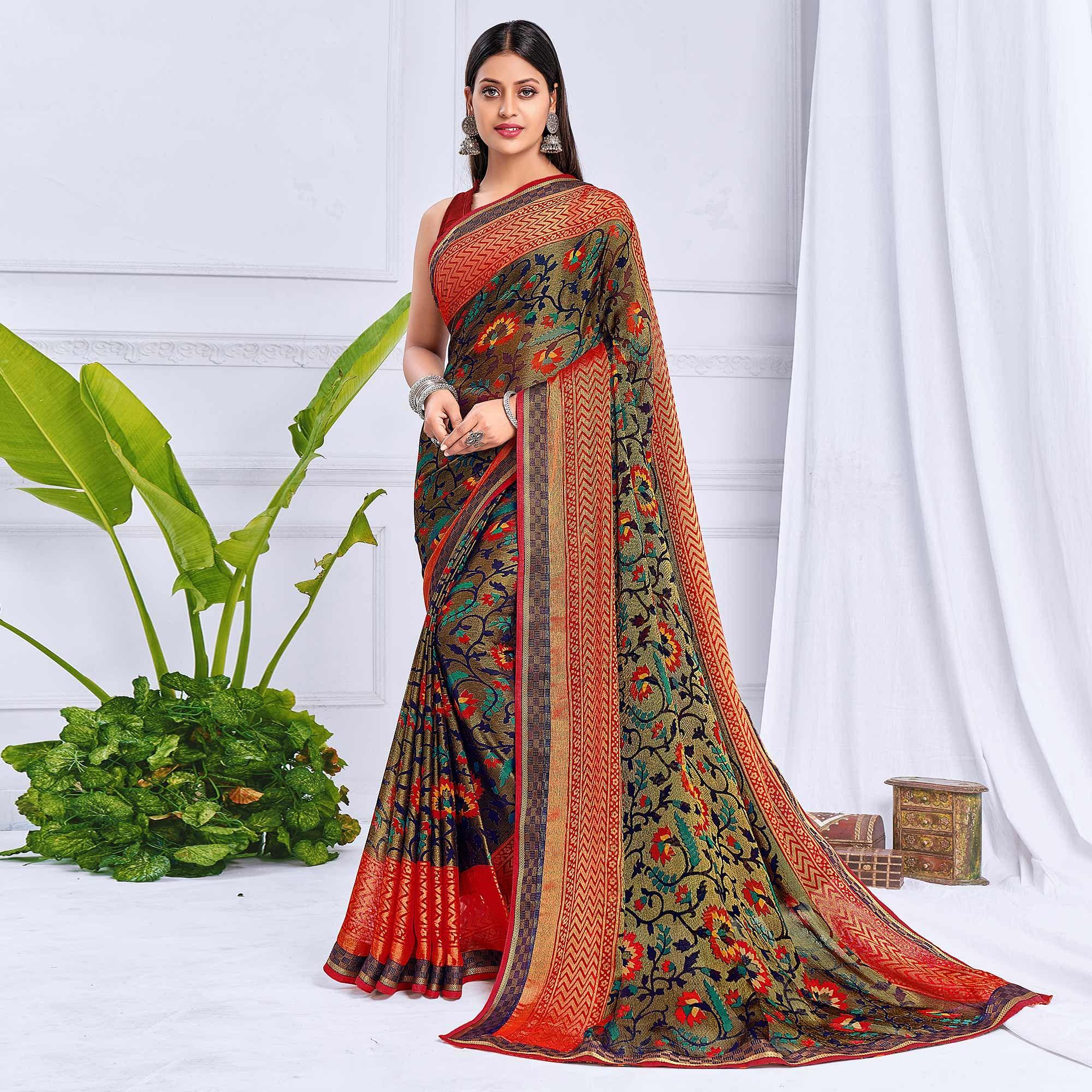 Olive Green Floral Printed Chiffon Saree - Peachmode