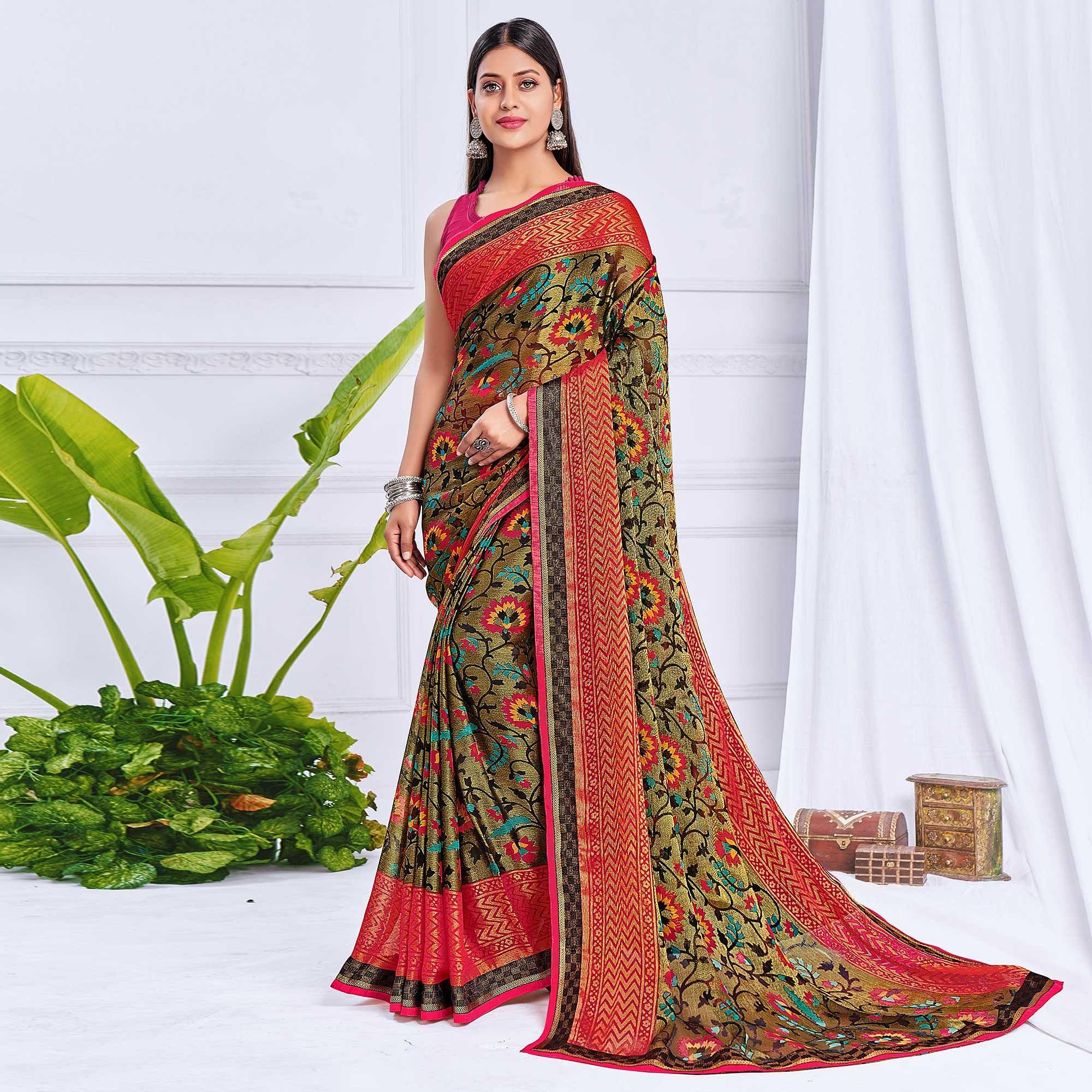 Olive Green Floral Printed Chiffon Saree - Peachmode