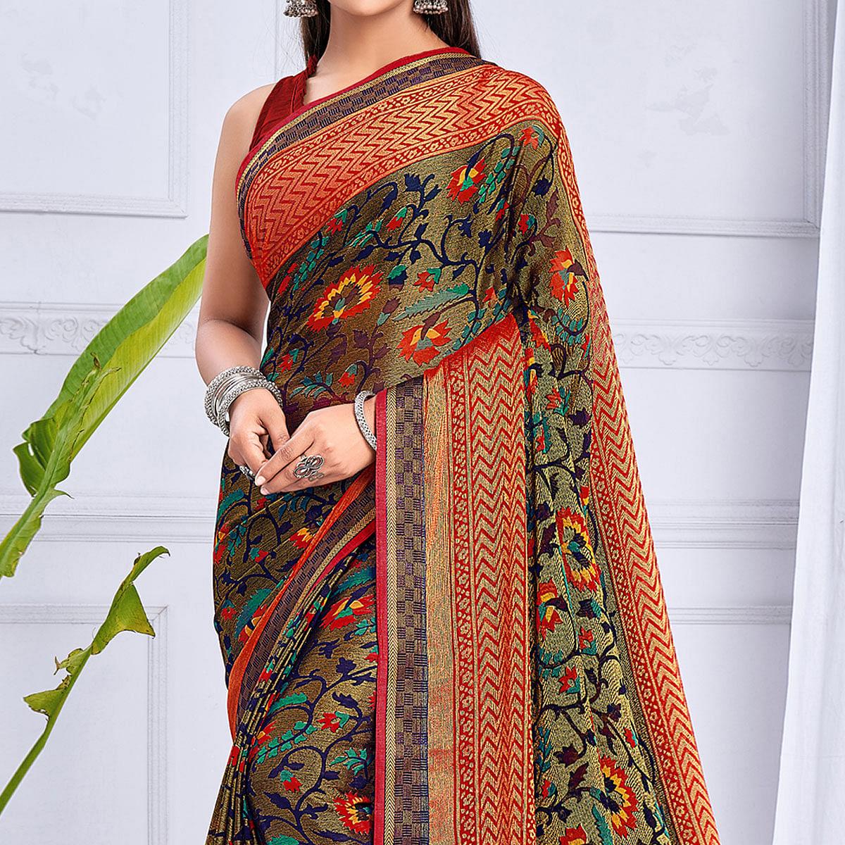 Olive Green Floral Printed Chiffon Saree - Peachmode