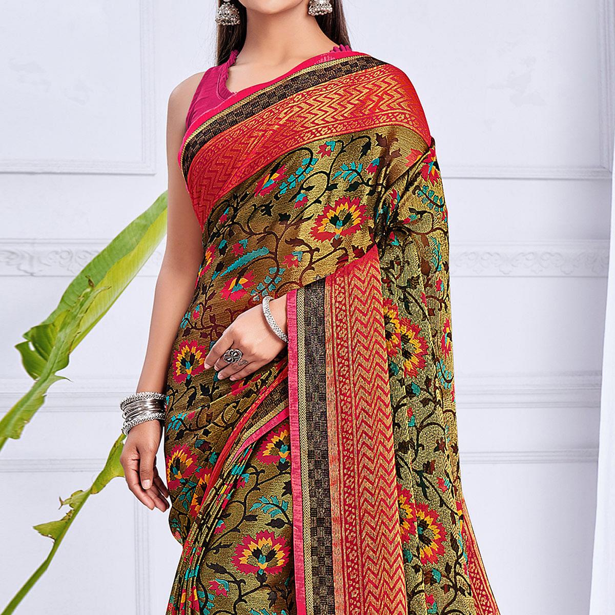 Olive Green Floral Printed Chiffon Saree - Peachmode