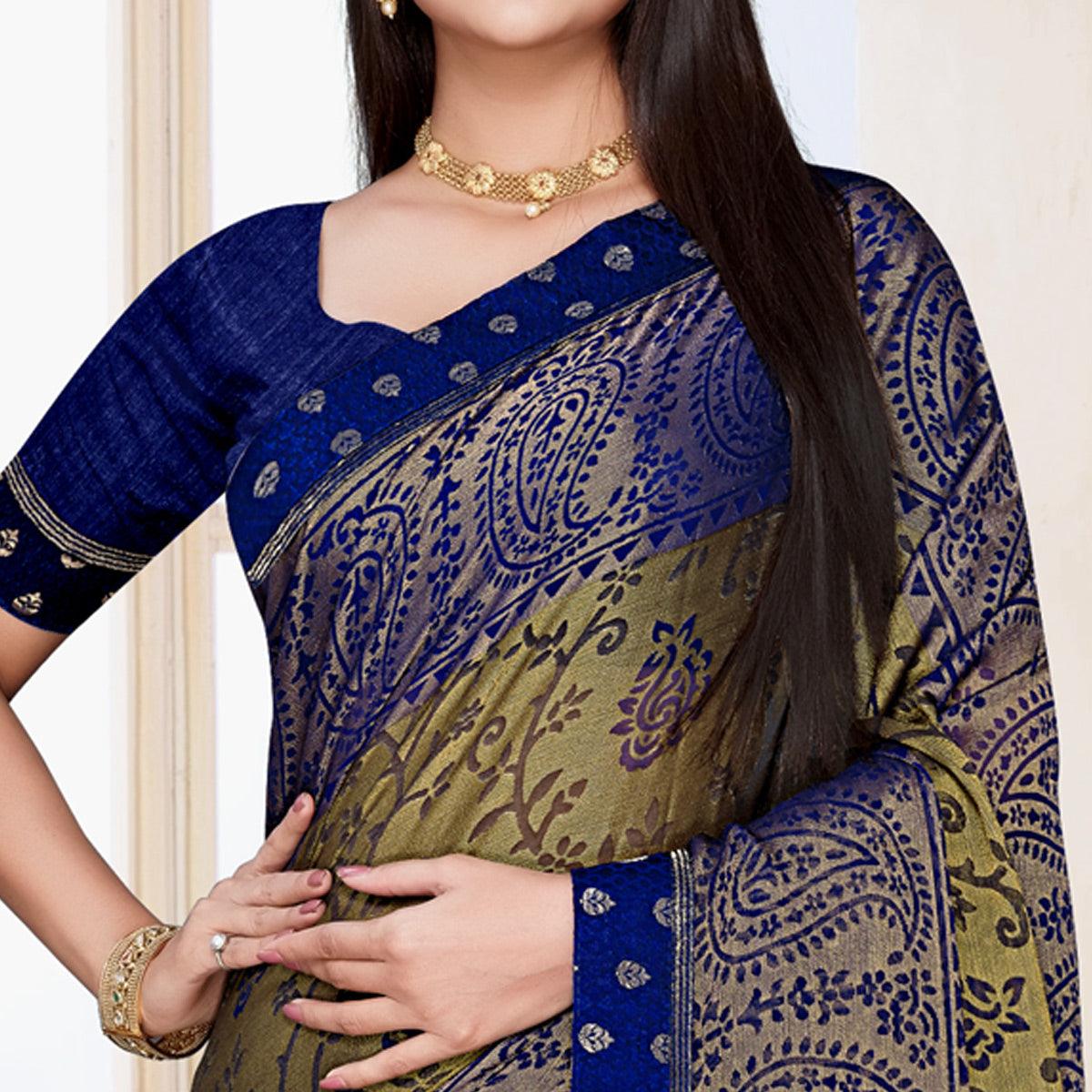 Olive-Green Floral Printed Chiffon Saree - Peachmode