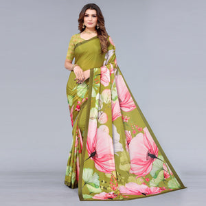 Olive Green Floral Printed Chiffon Saree - Peachmode