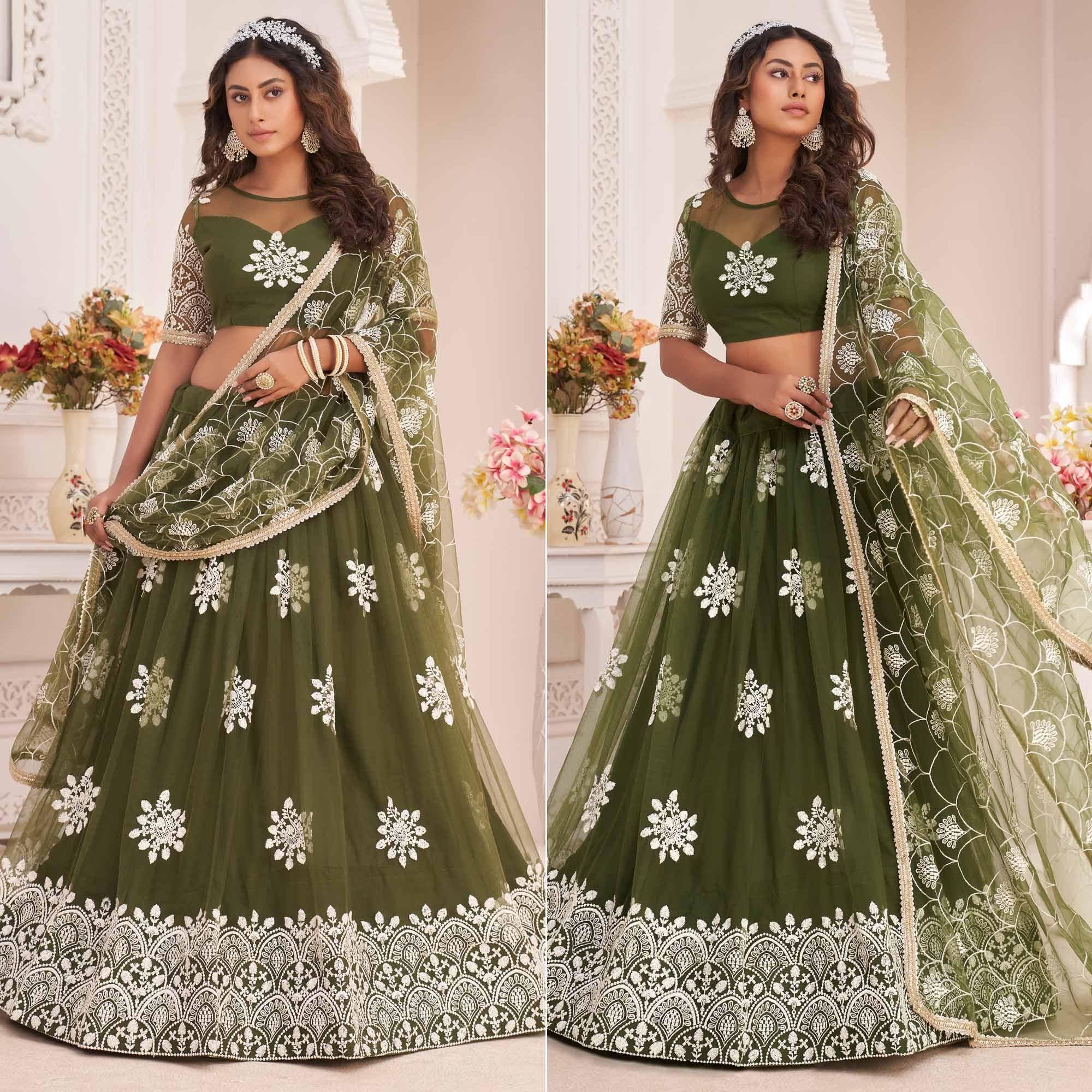 Olive Green Floral Sequence Embroidered Net Lehenga Choli - Peachmode