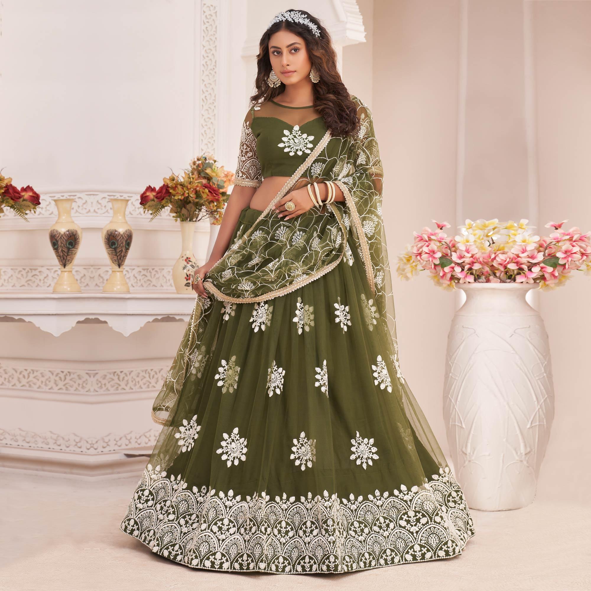 Olive Green Floral Sequence Embroidered Net Lehenga Choli - Peachmode