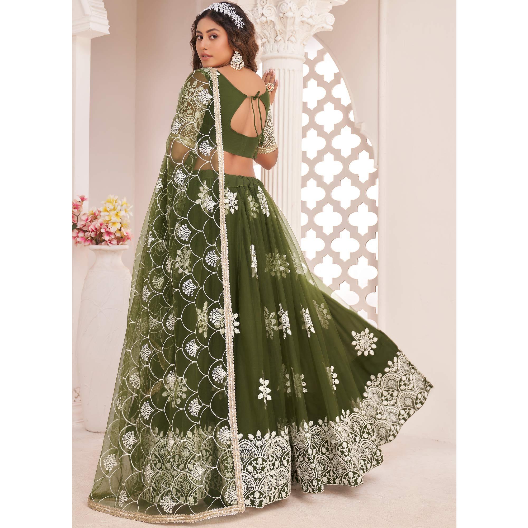 Olive Green Floral Sequence Embroidered Net Lehenga Choli - Peachmode