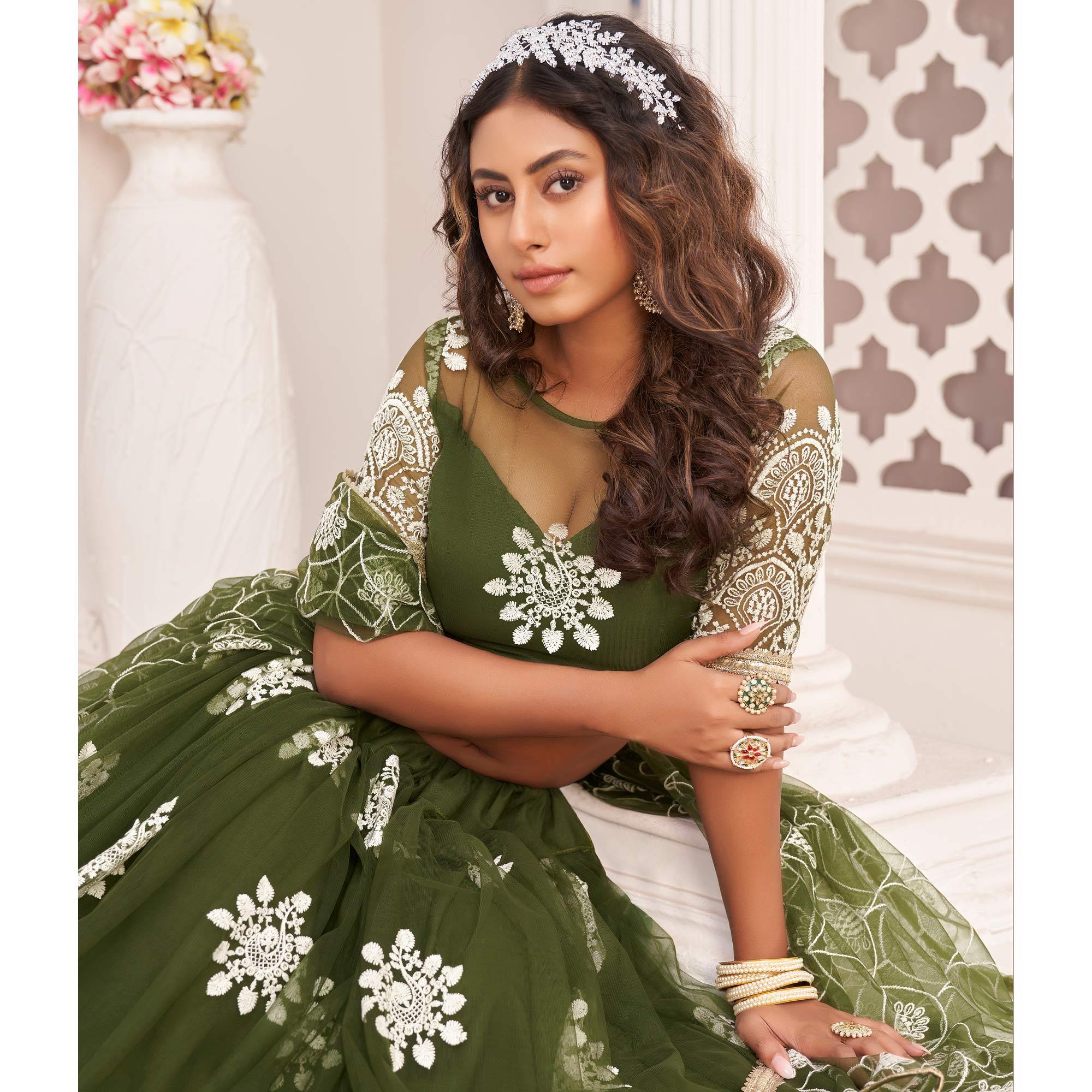 Olive Green Floral Sequence Embroidered Net Lehenga Choli - Peachmode