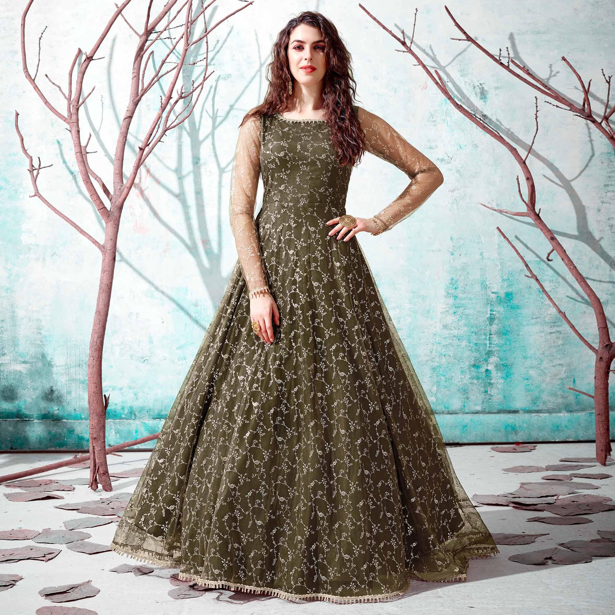 Olive Green Foil Printed Netted Gown - Peachmode