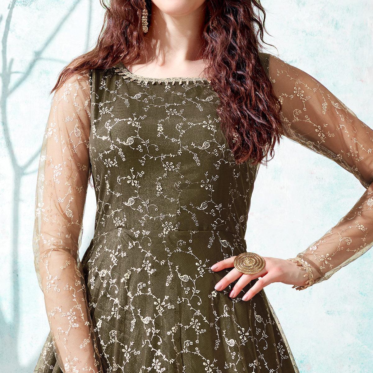 Olive Green Foil Printed Netted Gown - Peachmode