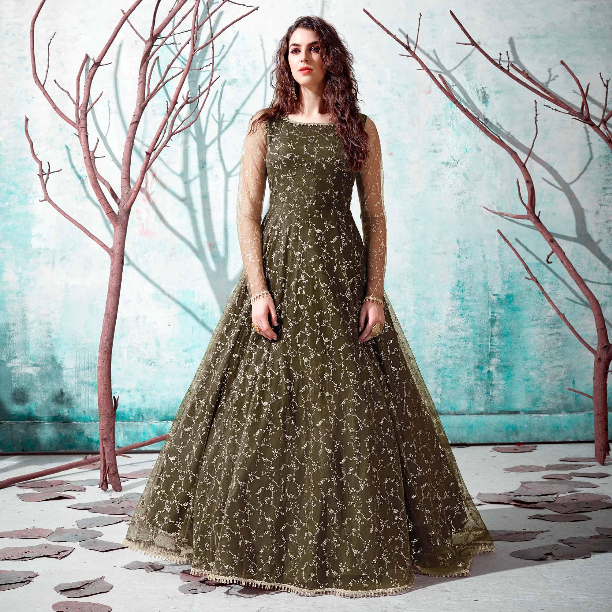 Olive Green Foil Printed Netted Gown - Peachmode