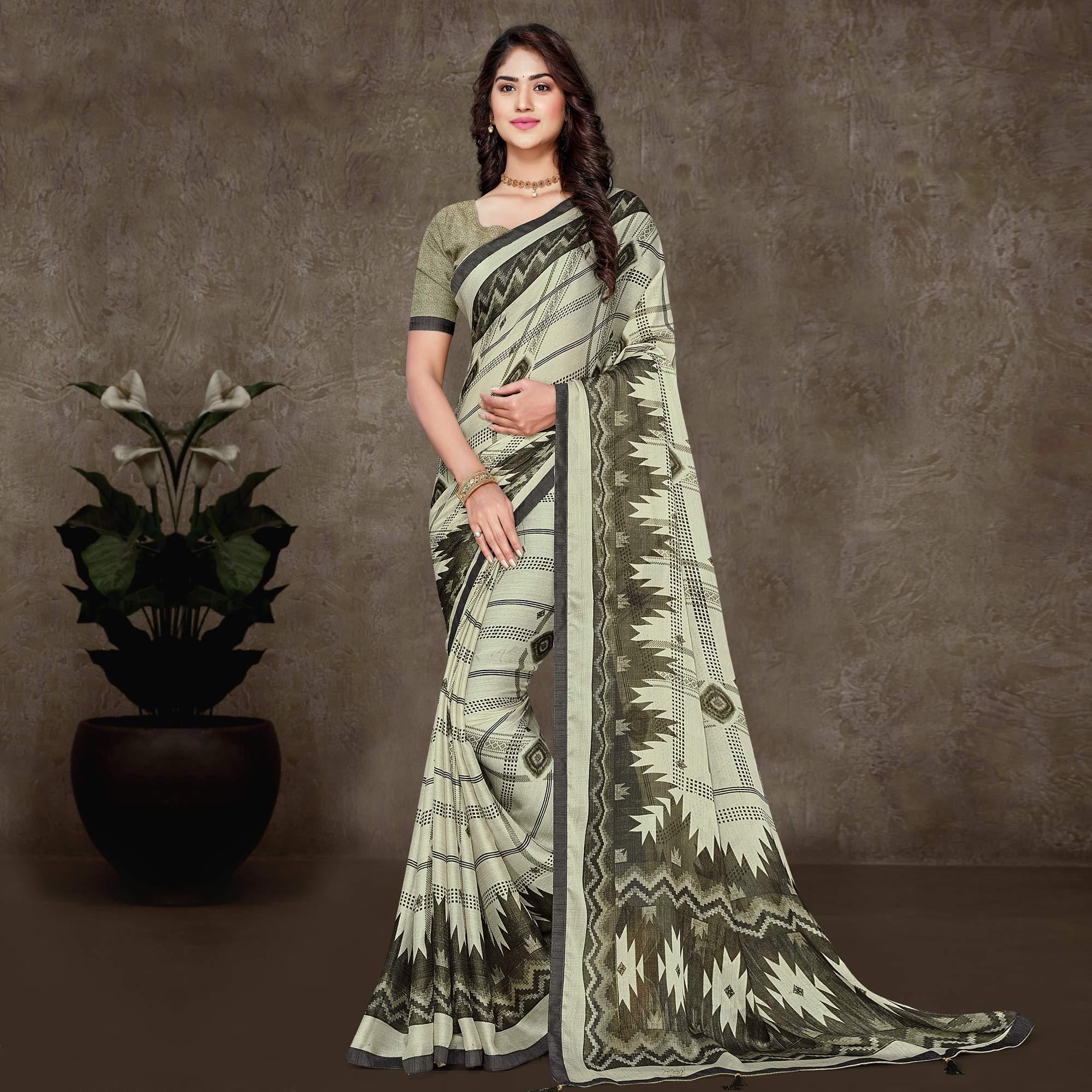 Olive Green Geometric Printed Chiffon Saree With Tassels - Peachmode