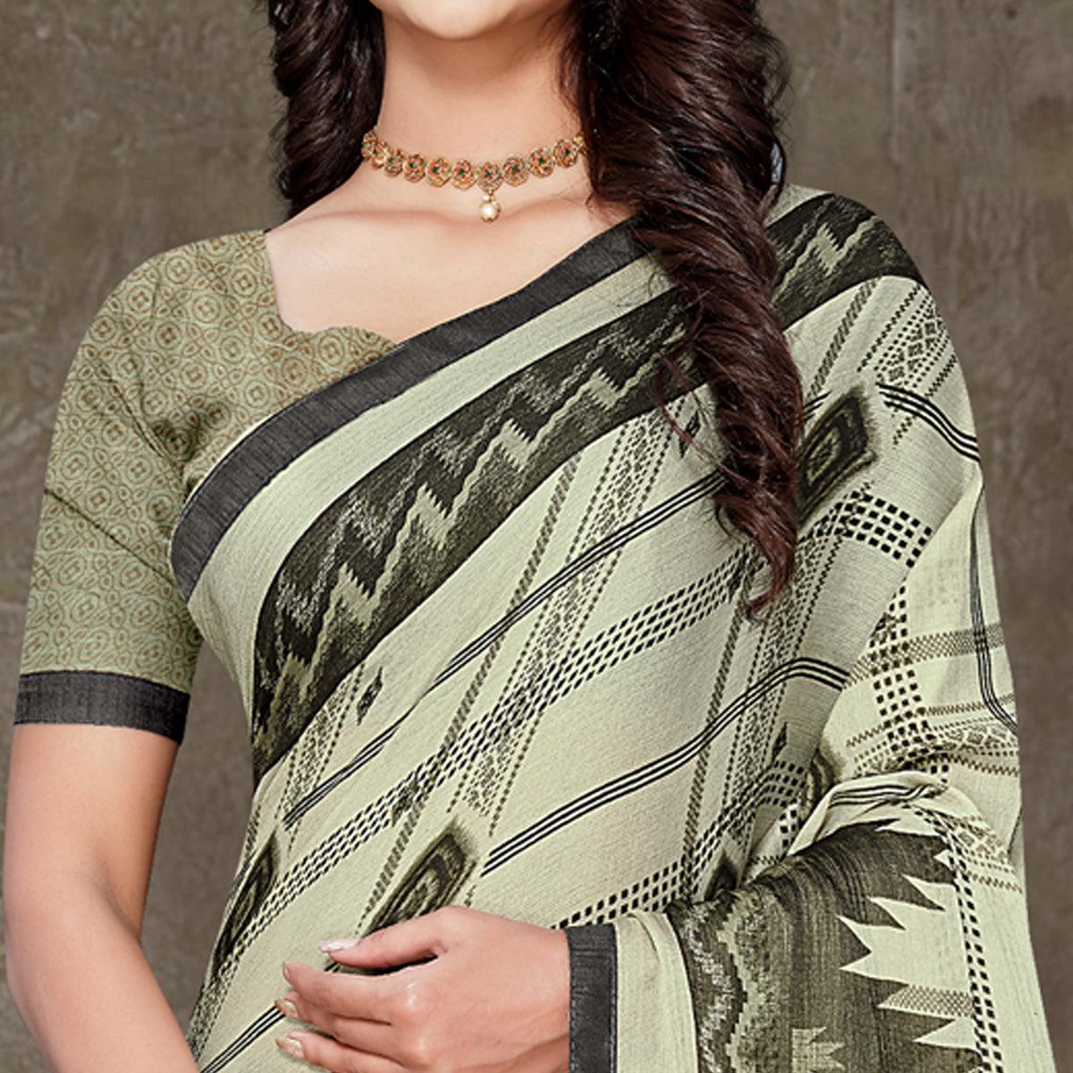 Olive Green Geometric Printed Chiffon Saree With Tassels - Peachmode
