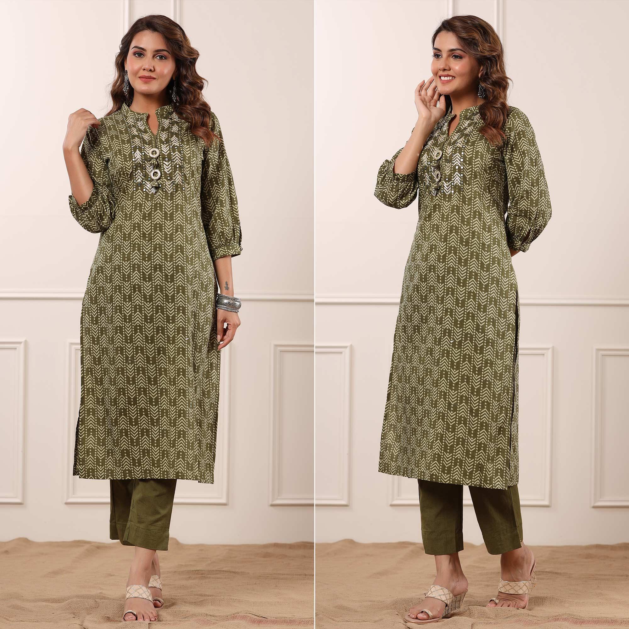 Olive Green Geometric Printed With Embroidered Pure Cotton Kurti Pant Set - Peachmode