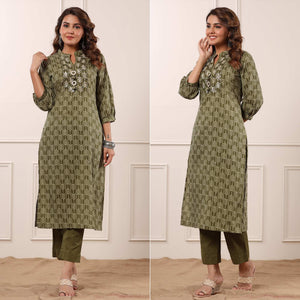 Olive Green Geometric Printed With Embroidered Pure Cotton Kurti Pant Set - Peachmode