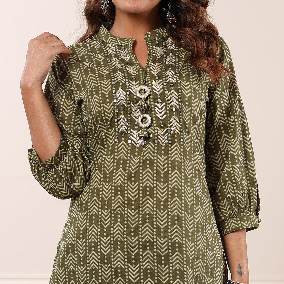 Olive Green Geometric Printed With Embroidered Pure Cotton Kurti Pant Set - Peachmode