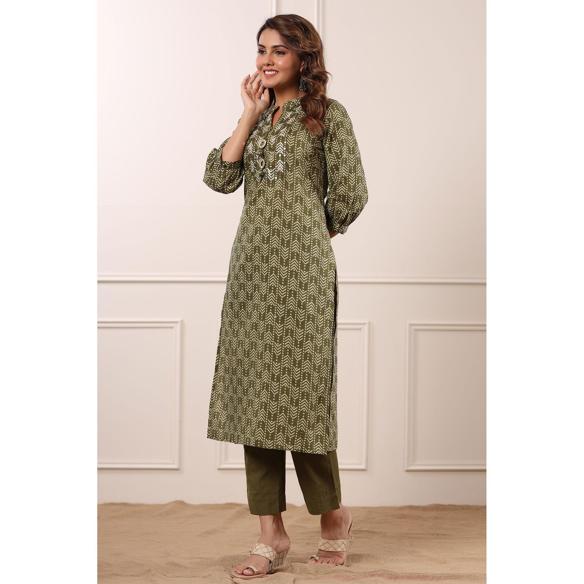 Olive Green Geometric Printed With Embroidered Pure Cotton Kurti Pant Set - Peachmode