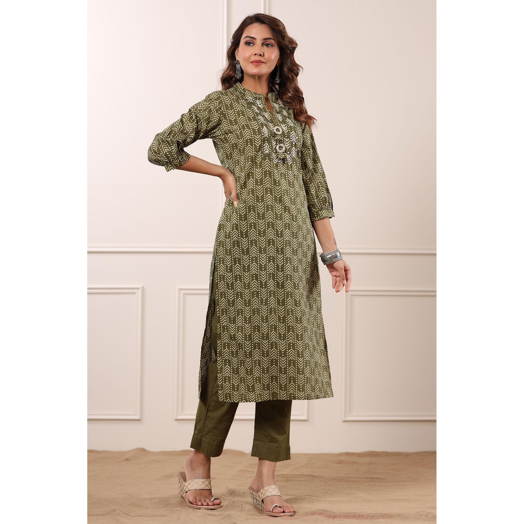 Olive Green Geometric Printed With Embroidered Pure Cotton Kurti Pant Set - Peachmode