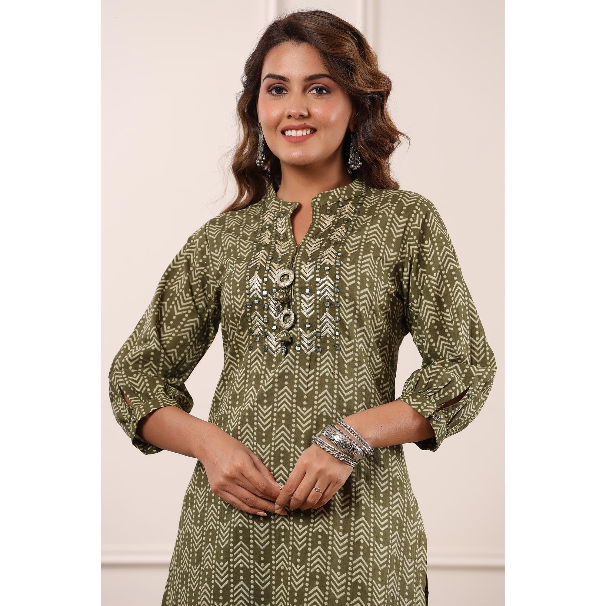 Olive Green Geometric Printed With Embroidered Pure Cotton Kurti Pant Set - Peachmode