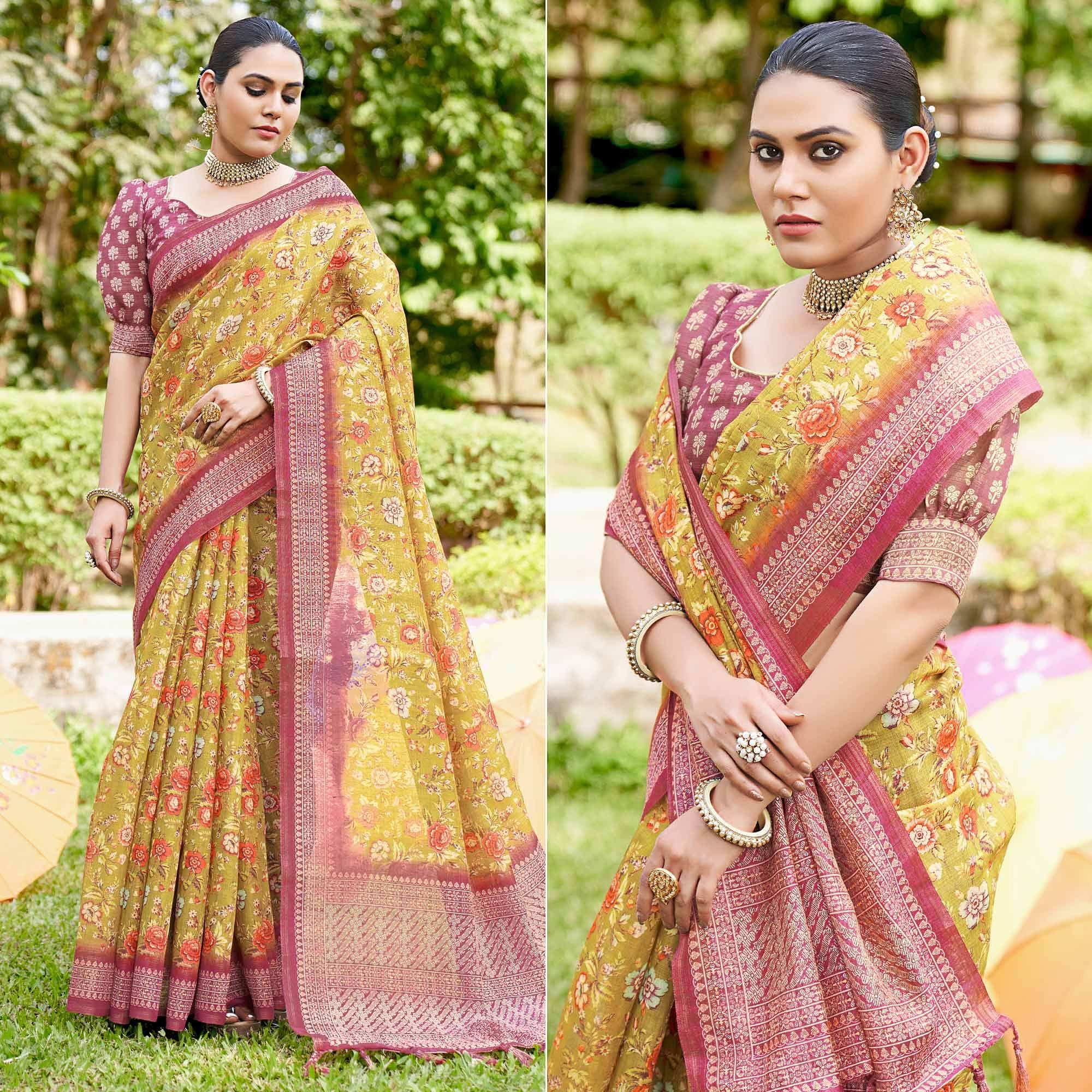Olive Green Kalamkari Digital Printed Linen Saree With Tassels - Peachmode