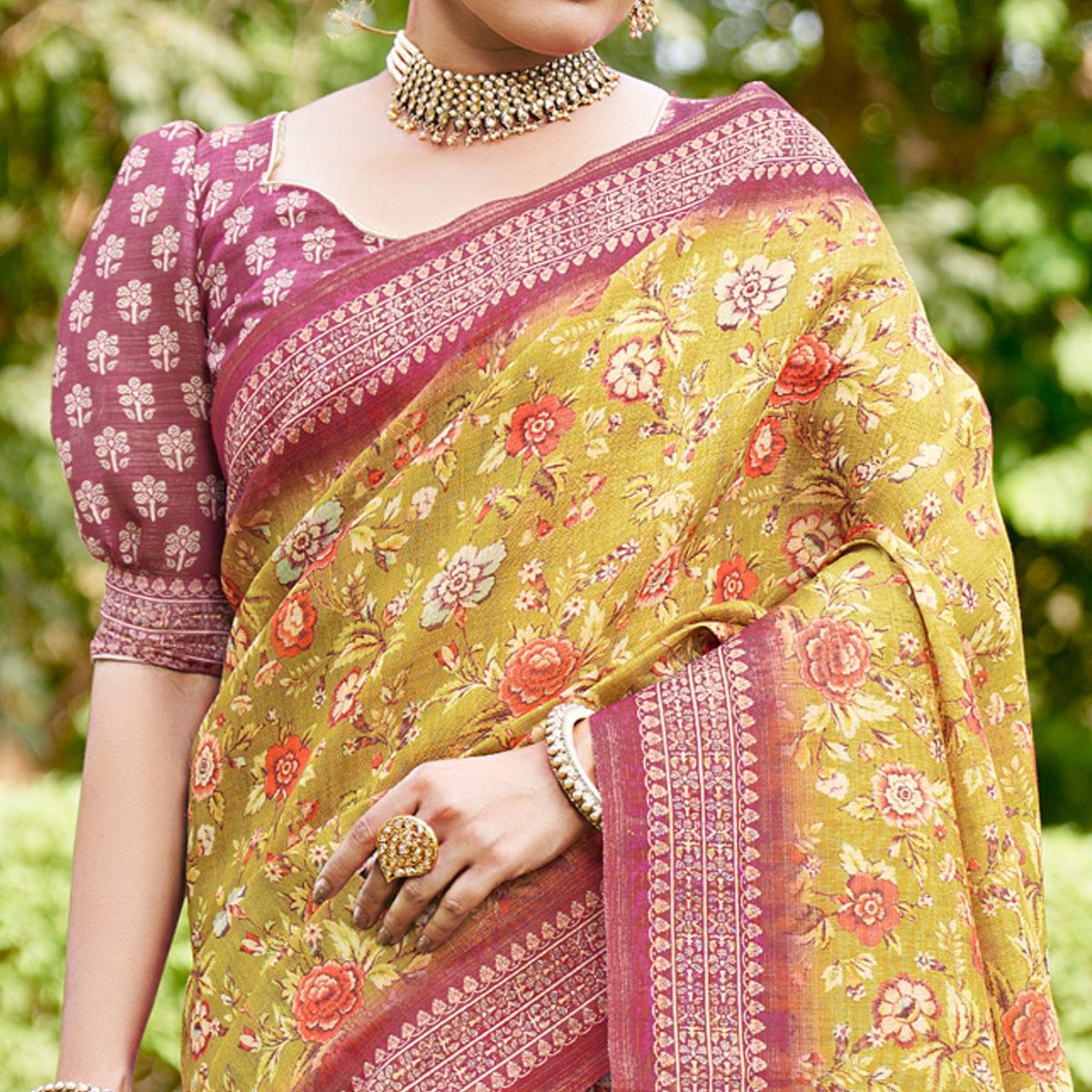 Olive Green Kalamkari Digital Printed Linen Saree With Tassels - Peachmode