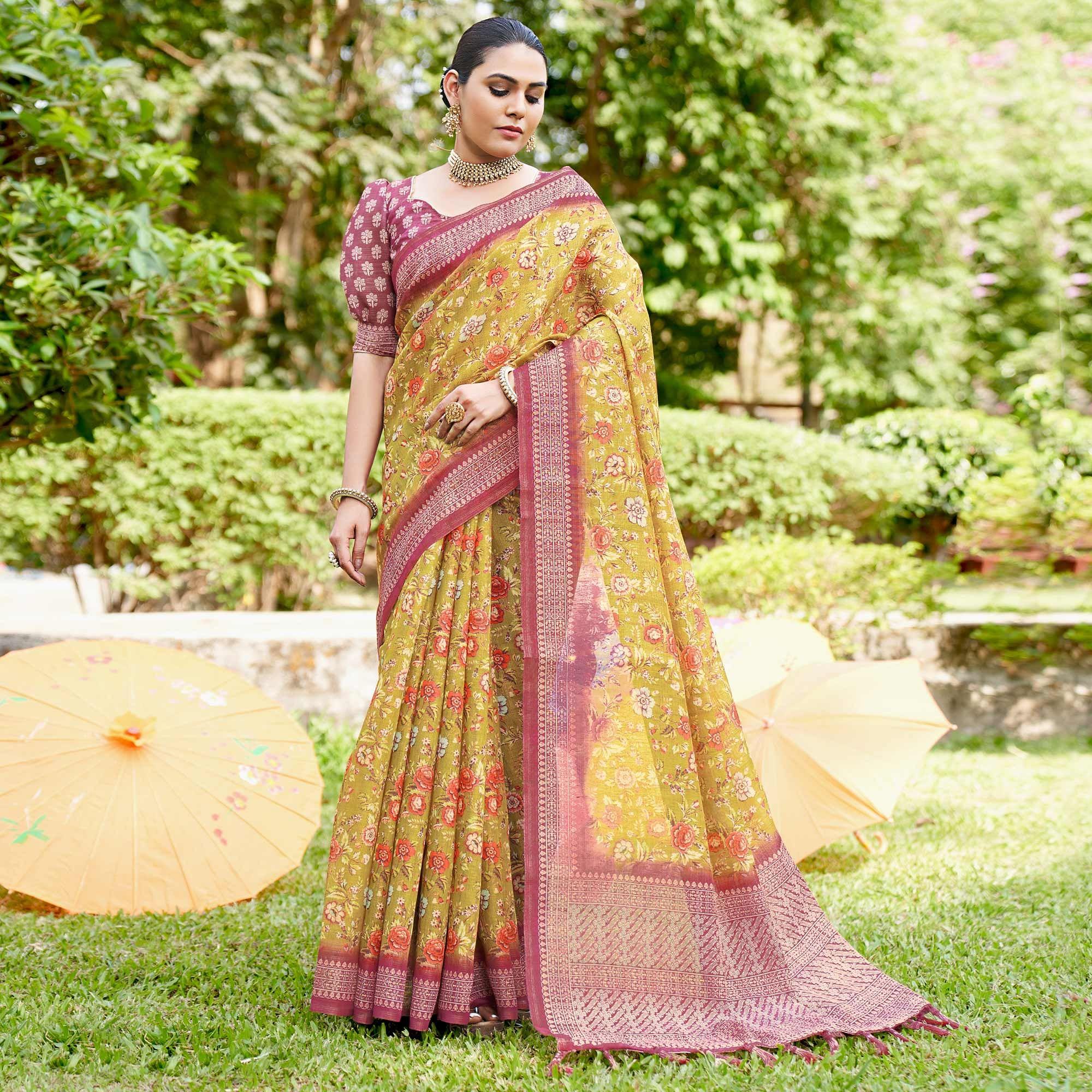 Olive Green Kalamkari Digital Printed Linen Saree With Tassels - Peachmode