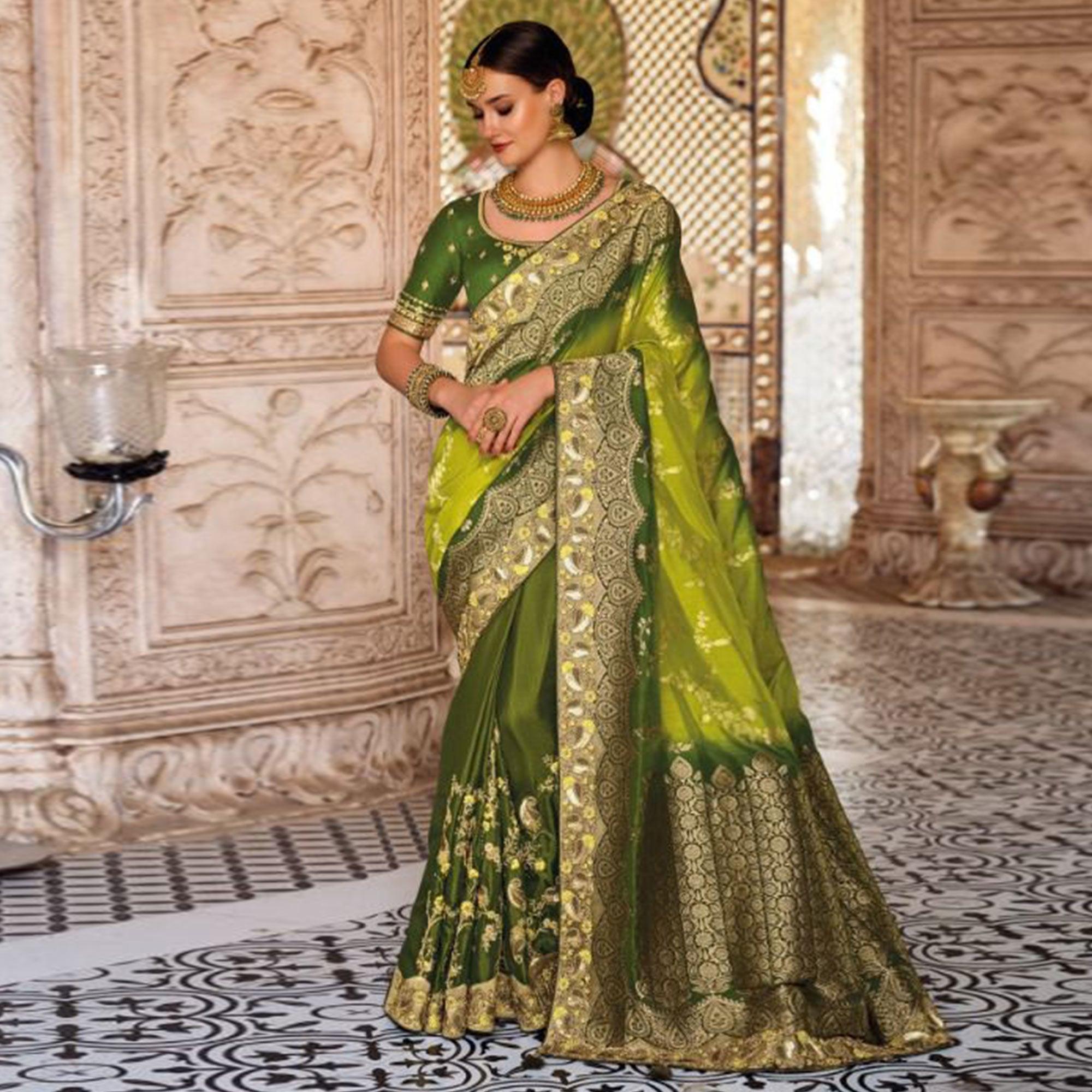 Olive Green-Mint Green Festive Wear Woven Banarasi Silk Half & Half Saree - Peachmode