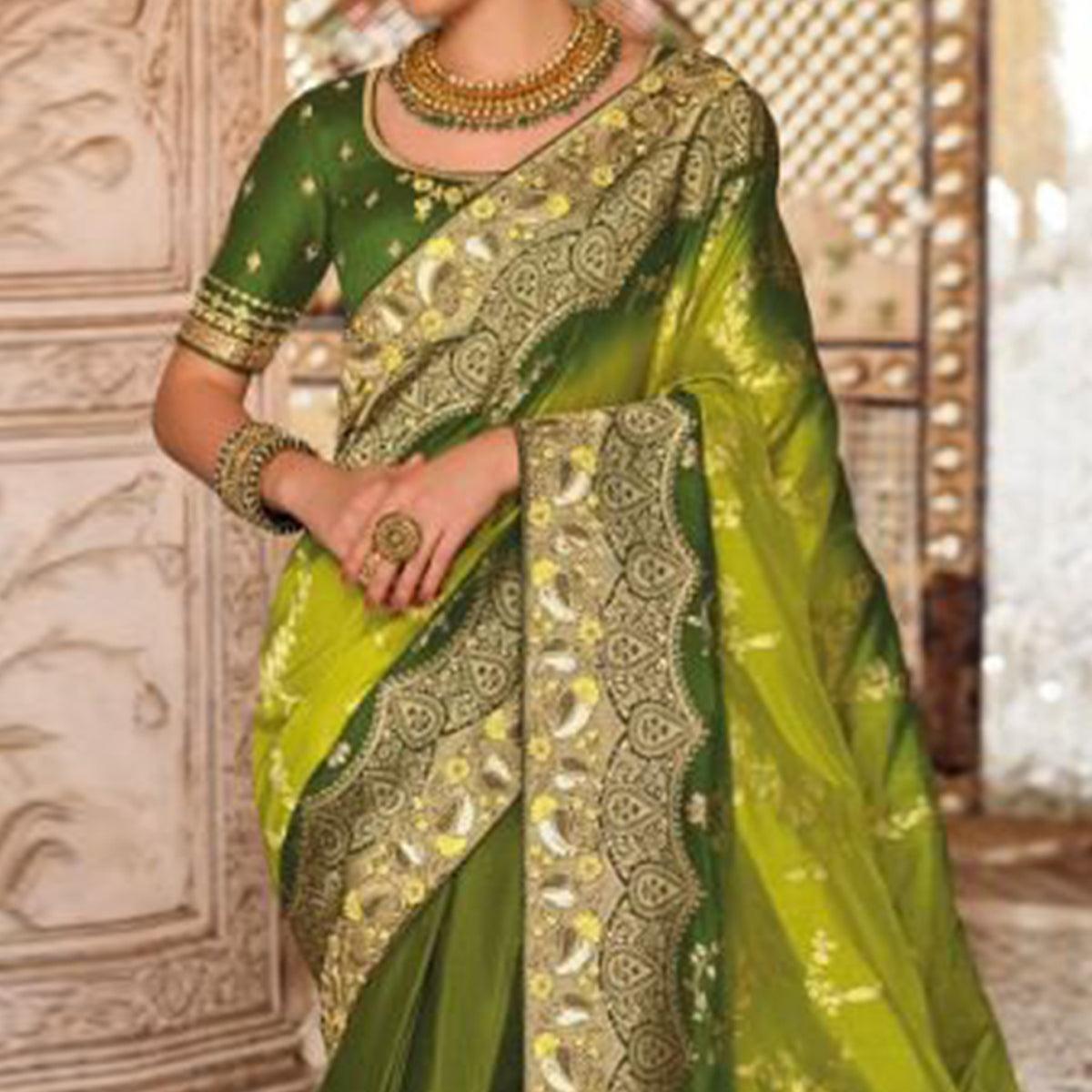 Olive Green-Mint Green Festive Wear Woven Banarasi Silk Half & Half Saree - Peachmode