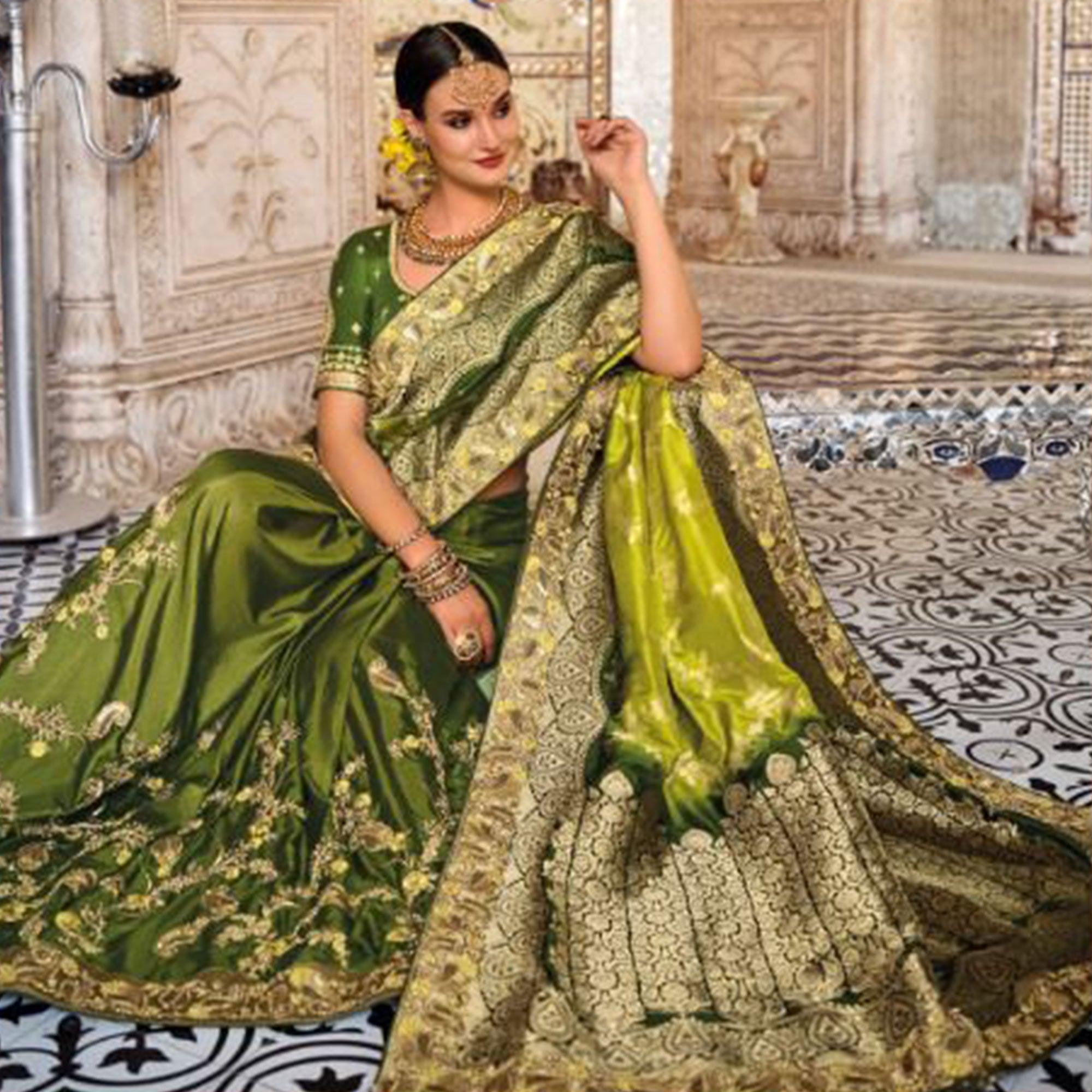 Olive Green-Mint Green Festive Wear Woven Banarasi Silk Half & Half Saree - Peachmode