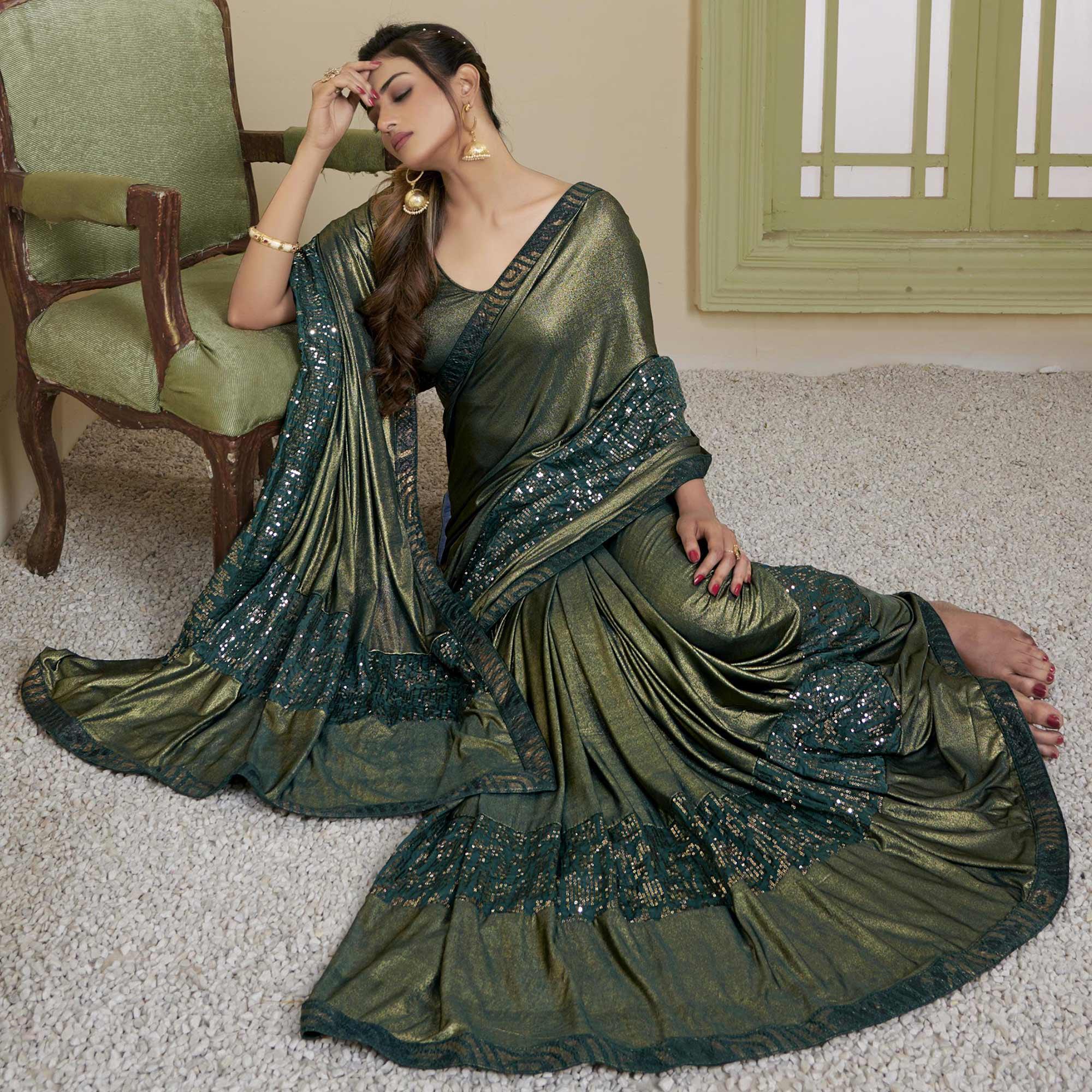 Olive Green Party Wear Embellished Lycra Saree - Peachmode