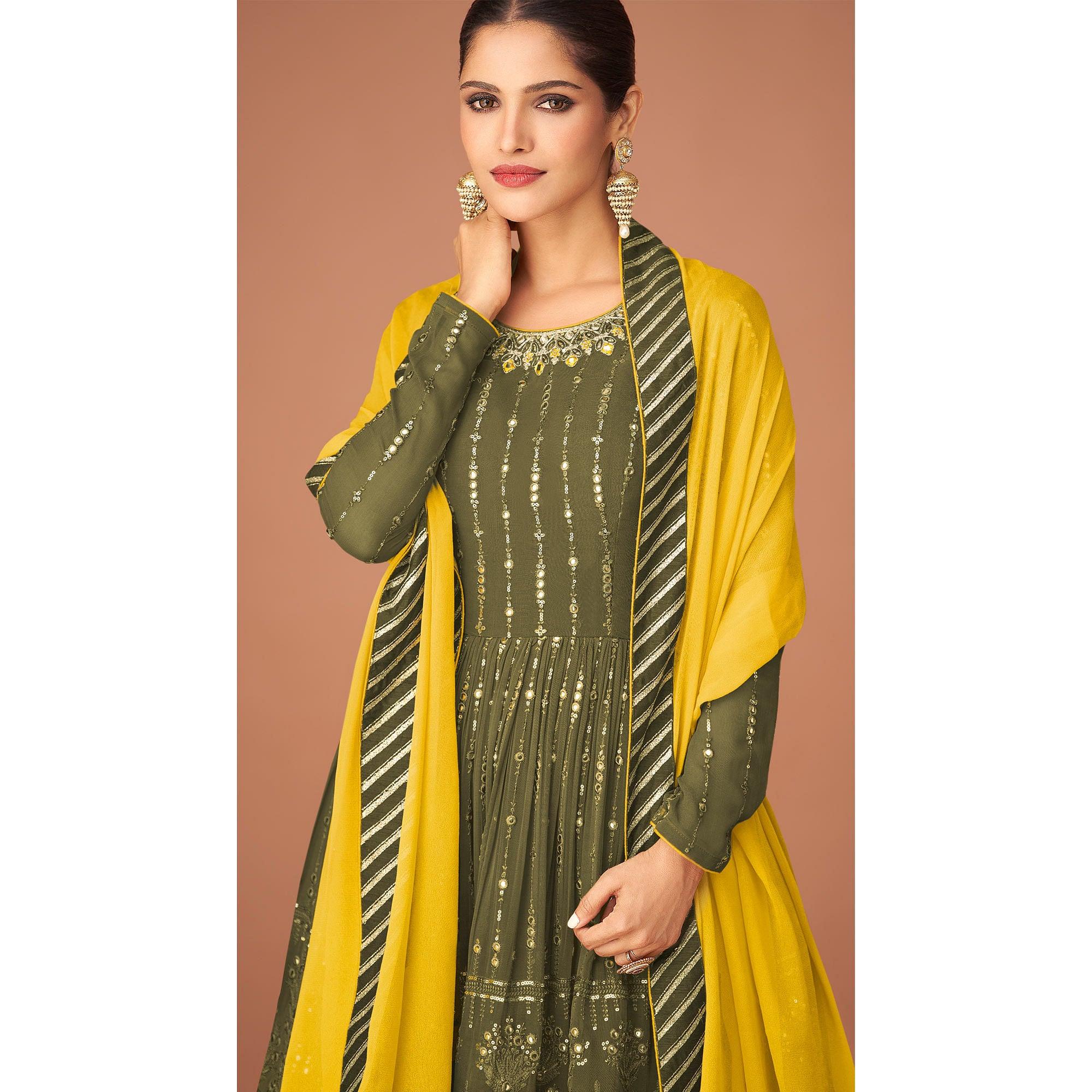 Olive Green Party Wear Embroidered Georgette Sharara Suit - Peachmode