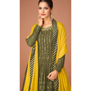 Olive Green Party Wear Embroidered Georgette Sharara Suit - Peachmode