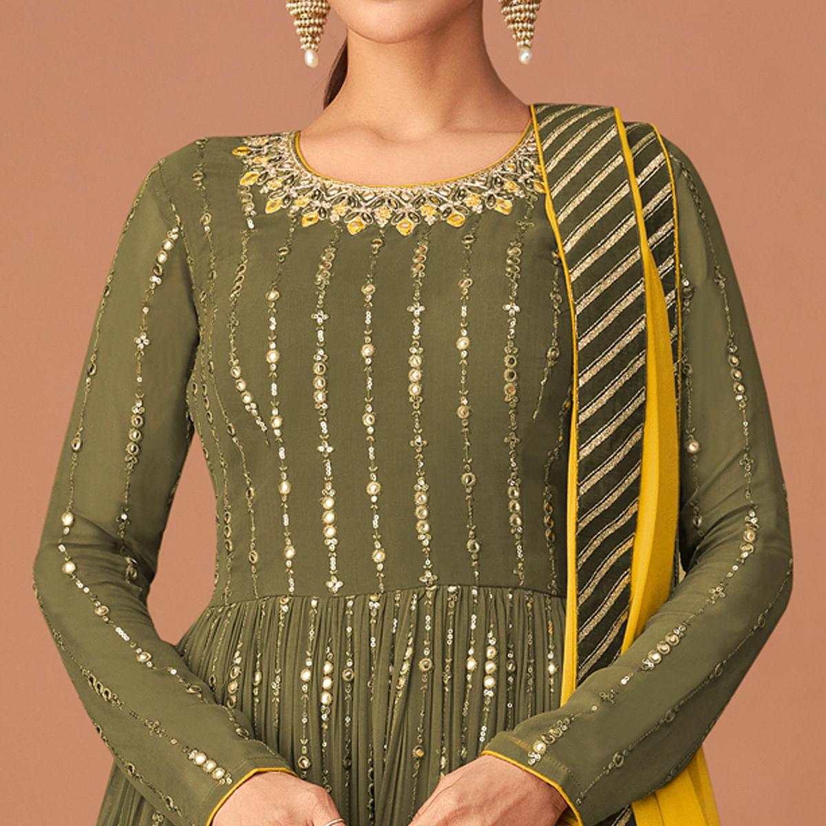 Olive Green Party Wear Embroidered Georgette Sharara Suit - Peachmode